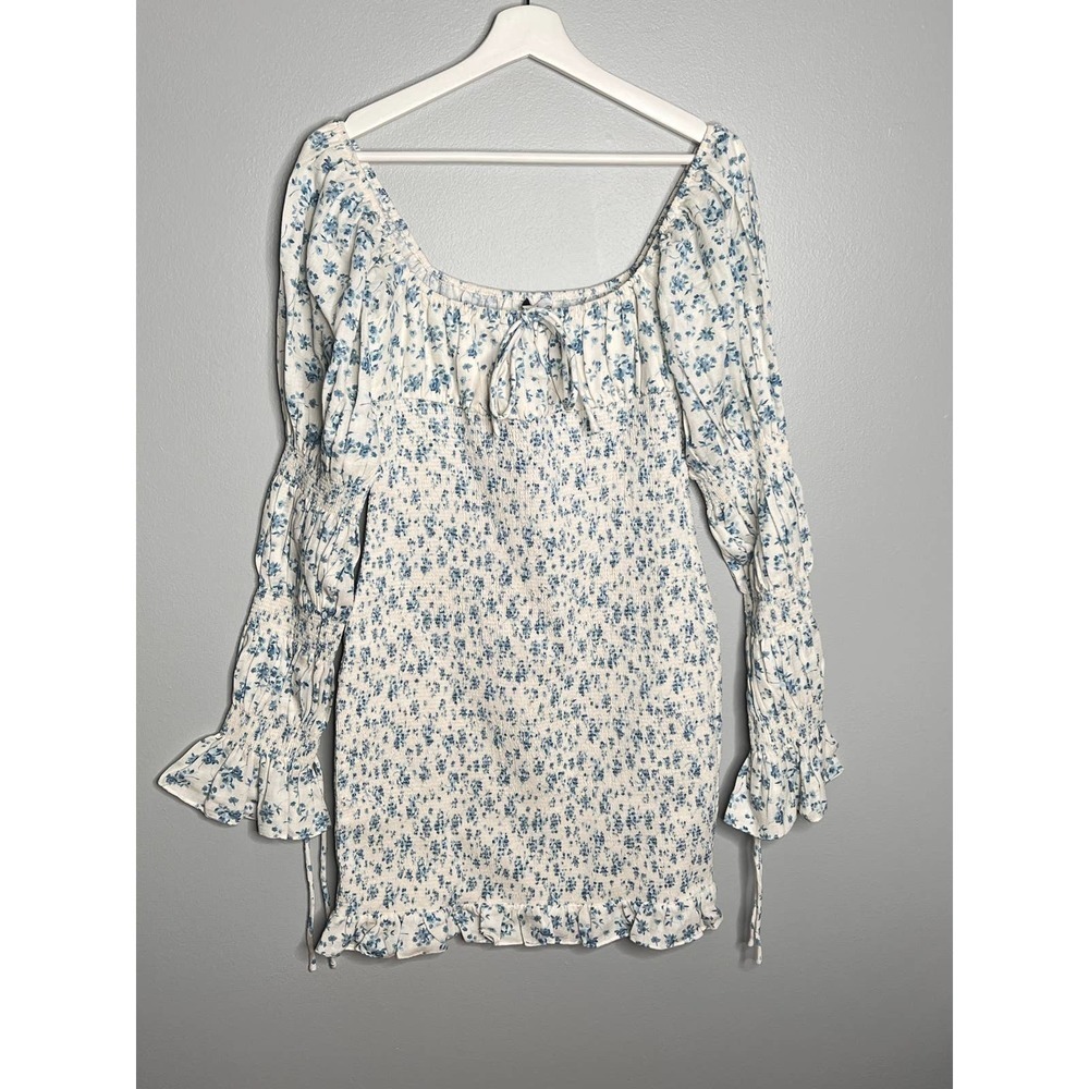 SAU LEE Betty Linen Blend Smocked Floral Mini Dress Blue/White Women's Size 8 - Picture 5 of 10